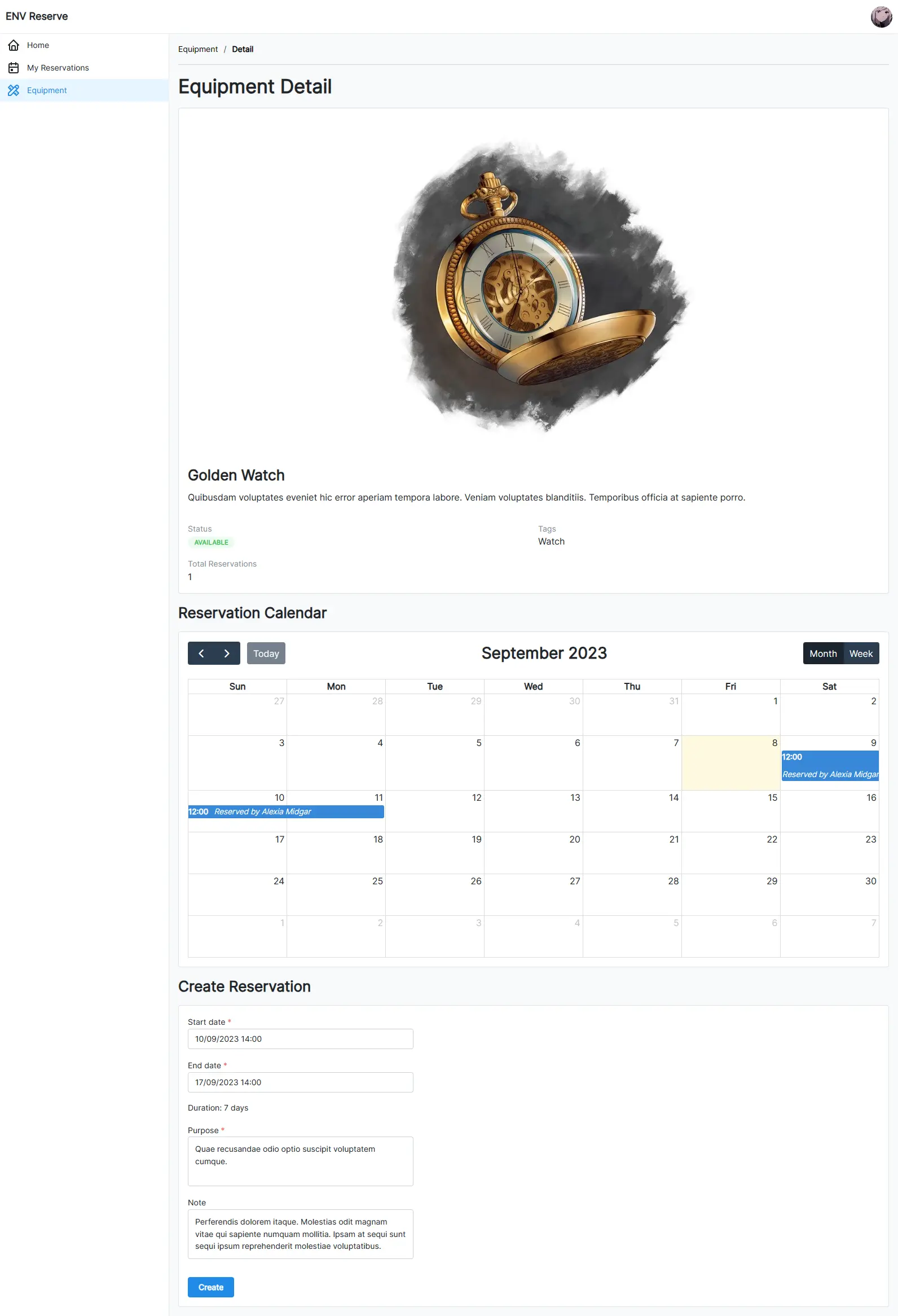 Equipment detail page